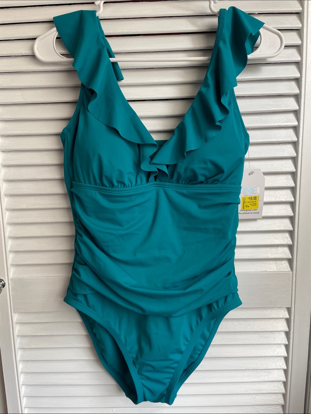 Time and Tru Teal Ruffle V-Neck One-Piece Swimsuit Turquoise